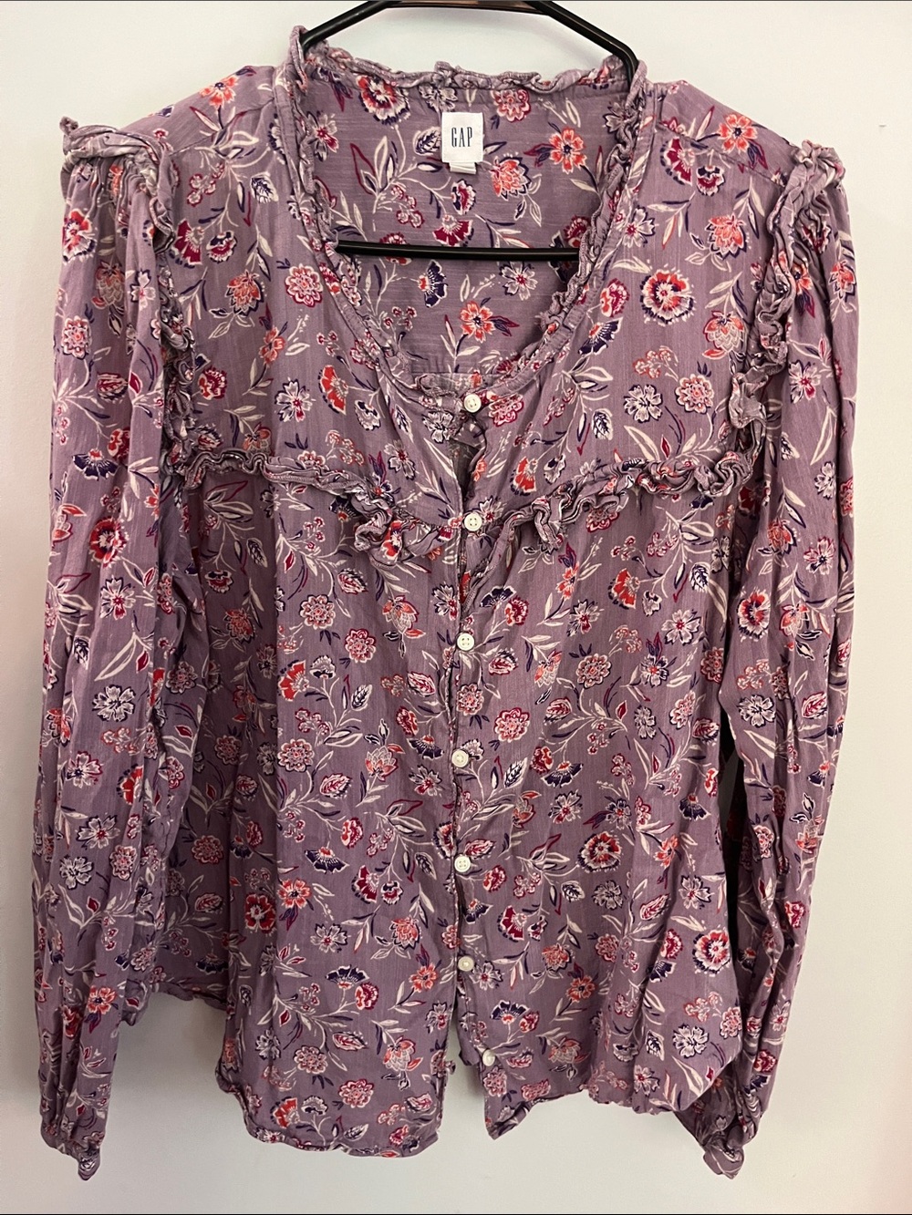 GAP Lilac Floral Ruffle-Trim Button Blouse